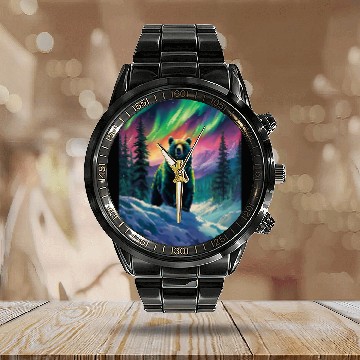 Discover Bear Pet Aurora Wilderness Bear Graphic Northern Lights Wilderness Calendar Steel Band Watch