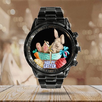 Discover Coffee Fun Very Happy Easter Bunny Coffee Cup Carrot and Easter Egg Calendar Steel Band Watch