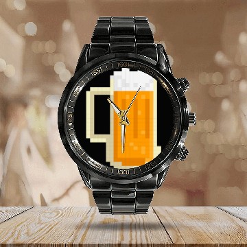 Discover Beer Fun Beer 8 bit Pixel Gamer Zip Calendar Steel Band Watch