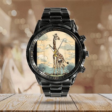 Discover Giraffe Pet Horizon Gazer Graceful Giraffe Cartoon Art Calendar Steel Band Watch