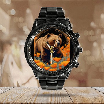 Discover Bear Pet Bear Plodding Through Orange Californian Poppies Baseball Tees Calendar Steel Band Watch