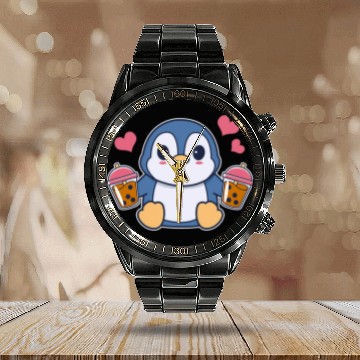 Discover Penguin Pet Cute Kawaii Penguin With Bubble Tea Anime Boba Tea Baseball Tees Calendar Steel Band Watch