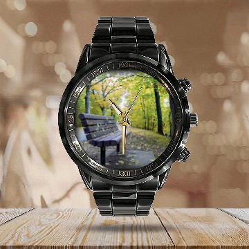 Discover Bench at Horn Pond in Autumn Baseball Tees Calendar Steel Band Watch