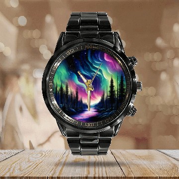 Discover Aurora Borealis Night Sky Northern Lights 2 Baseball Tees Calendar Steel Band Watch