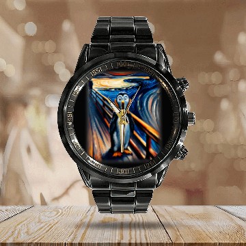Discover Penguin Pet Cool Expressionist Art Penguin Lover Scream Penguin Baseball Tees Calendar Steel Band Watch