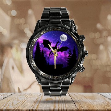 Discover Dragon Pet In Night Sky Full Moon Purple Galaxy Cosmic Art Calendar Steel Band Watch