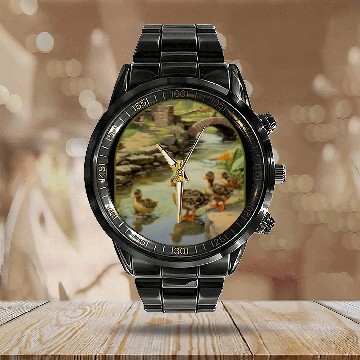 Discover Duck Pet Frog Ducklings Cobblestone Bridge Pond Cottagecore Calendar Steel Band Watch