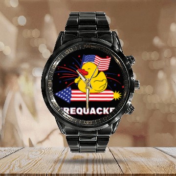 Discover Duck Pet Funny 4th July Firequacker Rubber Duck Riding A Firework Zip Calendar Steel Band Watch