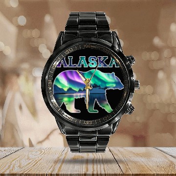 Discover Alaskan Bear Northern Lights Aurora Borealis Nature Sky Calendar Steel Band Watch