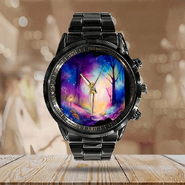 Discover Boho Chic Enchanted Forest Rainbow Watercolor Sky Baseball Tees Calendar Steel Band Watch