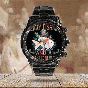 Discover Fishing Merry FIshmas A FinTastic New Year 1 Calendar Steel Band Watch