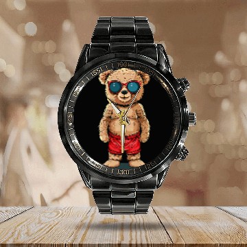 Discover Bear Pet Funny Teddy Bear with Summer swimming trunks Costume Calendar Steel Band Watch