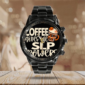 Discover Coffee Fun Speech Therapy Pumpkin Spice Halloween for SLP and Coffee 2 Calendar Steel Band Watch
