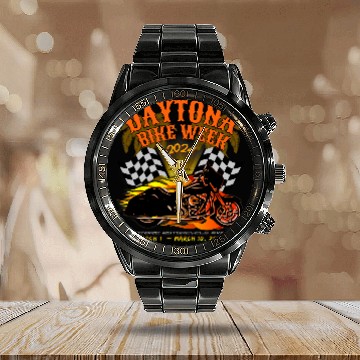 Discover 2024 DAYTONA BEACH BIKE WEEK CHECKERED FLAG DESIGN ON FRONT Calendar Steel Band Watch