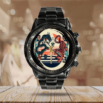 Discover Dragon Pet Japanese Dragon Folklore Tiger Fighting Calendar Steel Band Watch