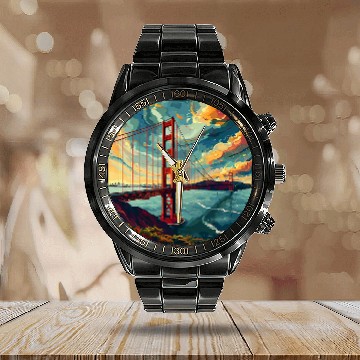 Discover Golden Gate Bridge Sky Colorful Illustration Graphic Zip Calendar Steel Band Watch