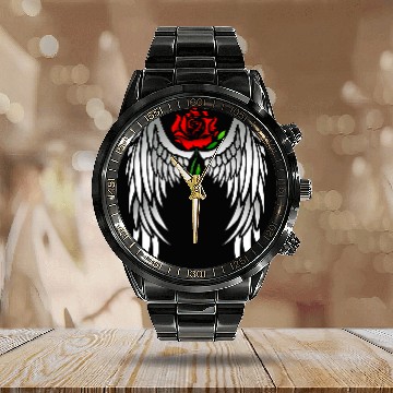Discover Angel Wings Red Rose Calendar Steel Band Watch