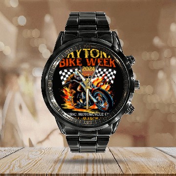 Discover 2024 DAYTONA BEACH BIKE WEEK CHECKERED FLAG DESIGN Calendar Steel Band Watch