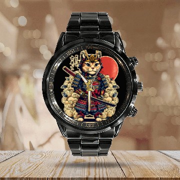 Discover Ancient Samurai Cat Japan Culture Katana 1 Calendar Steel Band Watch