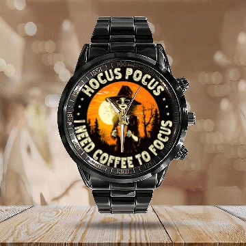 Discover Coffee Fun Hocus Pocus I Need Coffee To Focus Witch Halloween Baseball Tees Calendar Steel Band Watch