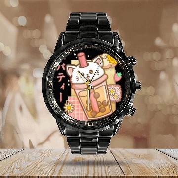 Discover Boba Tea Cat Bubble Tea Strawberry Kawaii Cat Neko Anime Baseball Tees Calendar Steel Band Watch