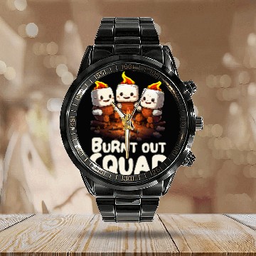 Discover Burnt Out Squad Camping Campfire Marshmallow Matching Family Calendar Steel Band Watch