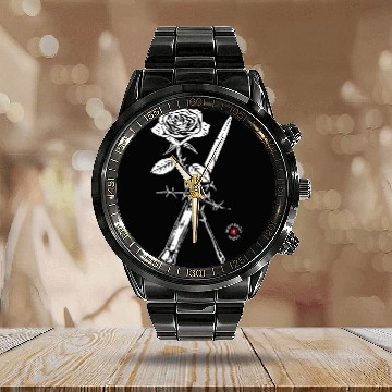 Discover Barbed Wire Blade and Rose Memento Mori Tattoo Graphic Calendar Steel Band Watch