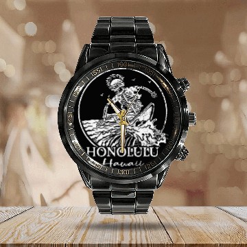 Discover Hawaii Surfer I Honolulu Surf I Honolulu Hawaii 9 Calendar Steel Band Watch