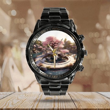 Discover Cherry Blossom Rhapsody Circular Oasis Reflective Serenity Calendar Steel Band Watch