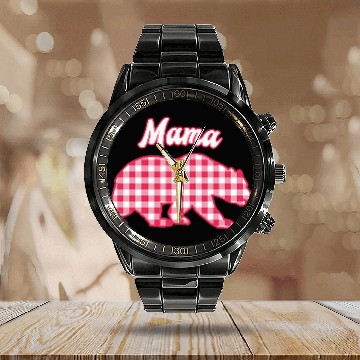 Discover Bear Pet Mama Bear Red Gingham Plaid Calendar Steel Band Watch