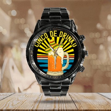 Discover Beer Fun Cinco de Drinko Beer Sombrero Cinco De Mayo Sunrays Funny Calendar Steel Band Watch
