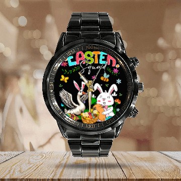 Discover Happy Easter Bunny Goose Hunting Eggs Basket Farmer Kids Calendar Steel Band Watch