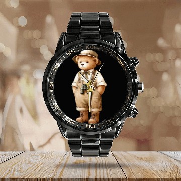 Discover Bear Pet Preppy Bird Watcher Bear vintages Gilded Lillie Calendar Steel Band Watch