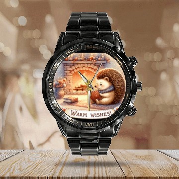 Discover Hedgehog Pet Warm Wishes Hedgehog Fireplace Cozy Calendar Steel Band Watch Calendar Steel Band Watch