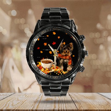 Discover Coffee Fun Yorkie With Scarf Coffee And Autumn Leaves Happy Fall Baseball Tees Calendar Steel Band Watch