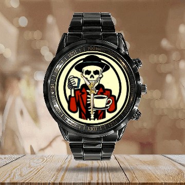 Discover Coffee Fun Skeletons drinking coffee dressed elegantly for Halloween 3 Calendar Steel Band Watch