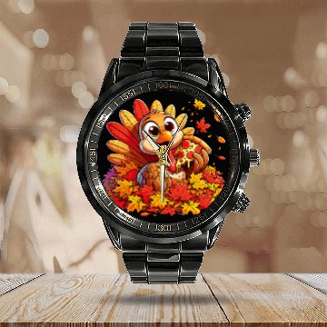Discover Colorful Fall Leaves Turkey Please Eat Pizza Thanksgiving Calendar Steel Band Watch