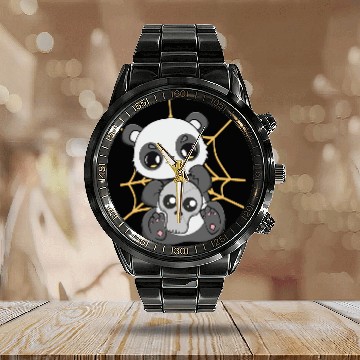 Discover Panda Pet Spooky Panda Bear Cub Anime Skull Spiderweb Halloween Pajama Calendar Steel Band Watch