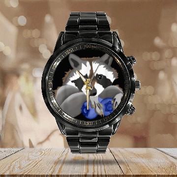 Discover Raccoon Pet with blueberries Baseball Tees Calendar Steel Band Watch