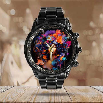 Discover Black Queen Afro Graffiti Artistic Style Womens Print Baseball Tees Calendar Steel Band Watch