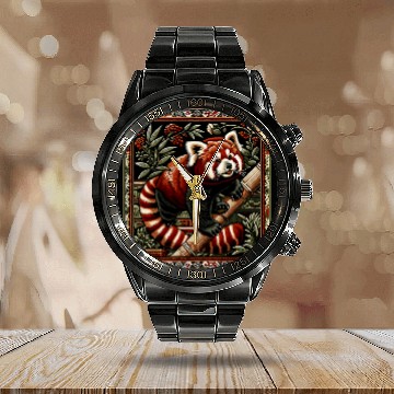 Discover Panda Pet Red Panda Artwork Elegant Tapestry Motif Style Zip Calendar Steel Band Watch