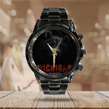 Discover Bear Pet Black Bear Mens Womens Upper Peninsula Michigan Up North Calendar Steel Band Watch