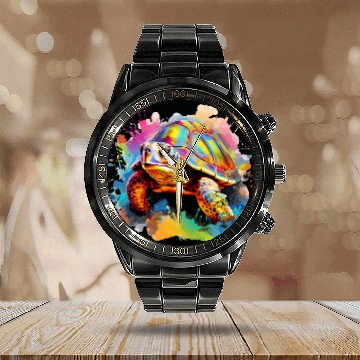 Discover Colorful Splash Art Box Turtle Lover Zip Calendar Steel Band Watch
