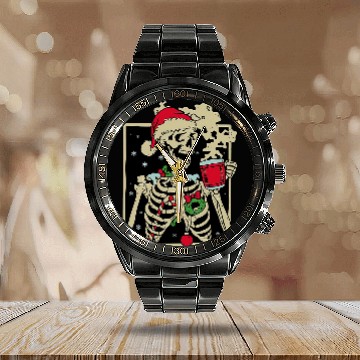 Discover Coffee Fun christmas Skeletons coffee hot chocolate lovers Calendar Steel Band Watch