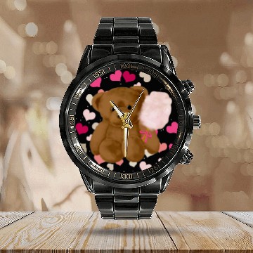 Discover Bear Pet Cotton Candy Teddy Bear Pink Calendar Steel Band Watch