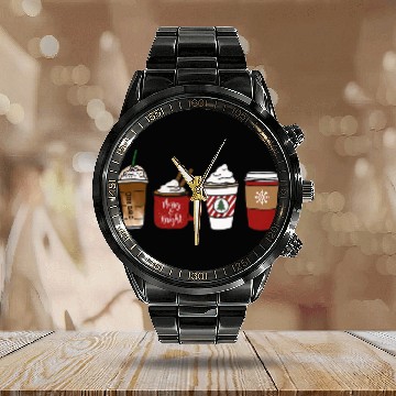 Discover Coffee Fun Christmas Coffee Tree merry and Bright For MenWomen Baseball Tees Calendar Steel Band Watch