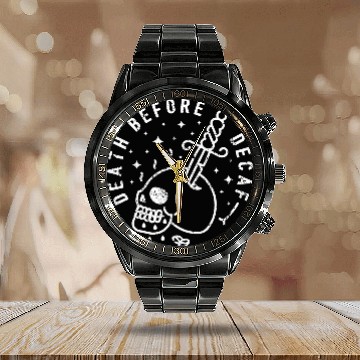 Discover Death Before Decaf Tattoo Dagger Skull Calendar Steel Band Watch