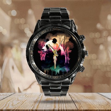 Discover Panda Pet Colorful Wilderness Nature Panda Reflection Calendar Steel Band Watch