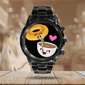 Discover Coffee Fun Bagels Coffee bagel Calendar Steel Band Watch