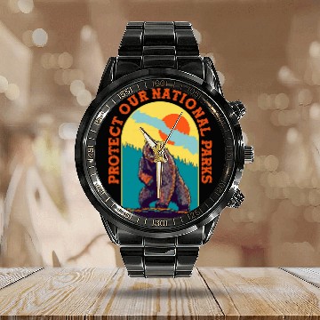 Discover Bear Pet Protect Our National Parks Roaring Grizzly Bear Calendar Steel Band Watch